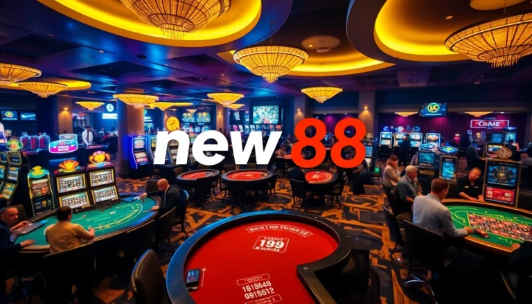 new88 casino floor featuring thrilling gaming tables, lively players, and bright slot machines.