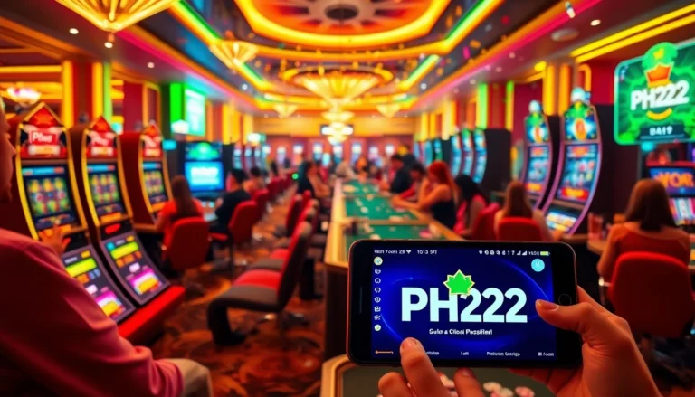 Players experiencing thrilling wins at PH222 slots, with vibrant casino action.