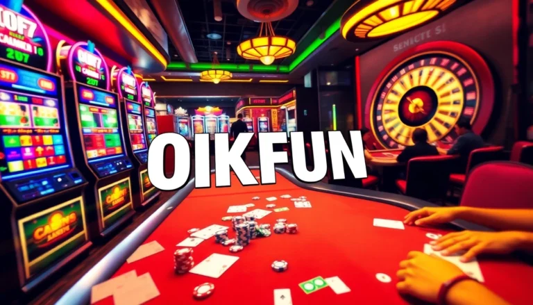 OKFUN casino scene featuring engaging slot machines, poker tables, and roulette games, radiating excitement.