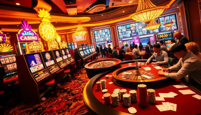 Exciting casino action at https://uu88.ngo/, featuring players at various gaming tables with vibrant slot machines and a roulette wheel.