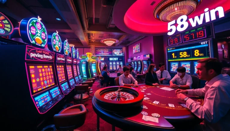 58win casino scene featuring vibrant slot machines and roulette wheel.