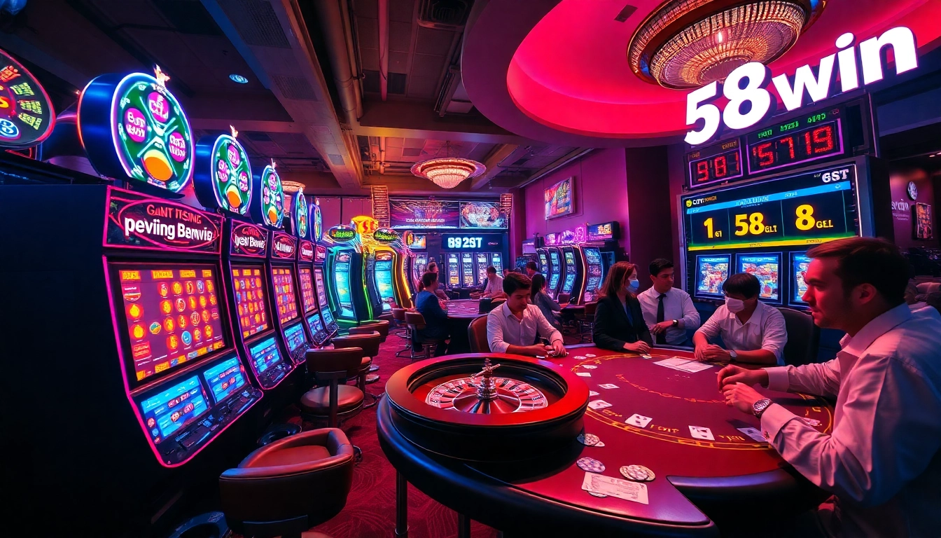 58win casino scene featuring vibrant slot machines and roulette wheel.