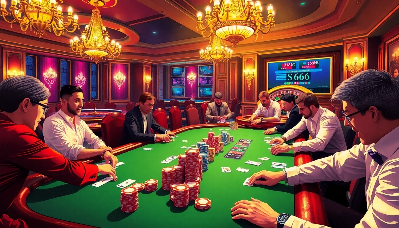 Players at a vibrant poker table in a luxurious casino with s666 branding, showcasing intense gaming action.