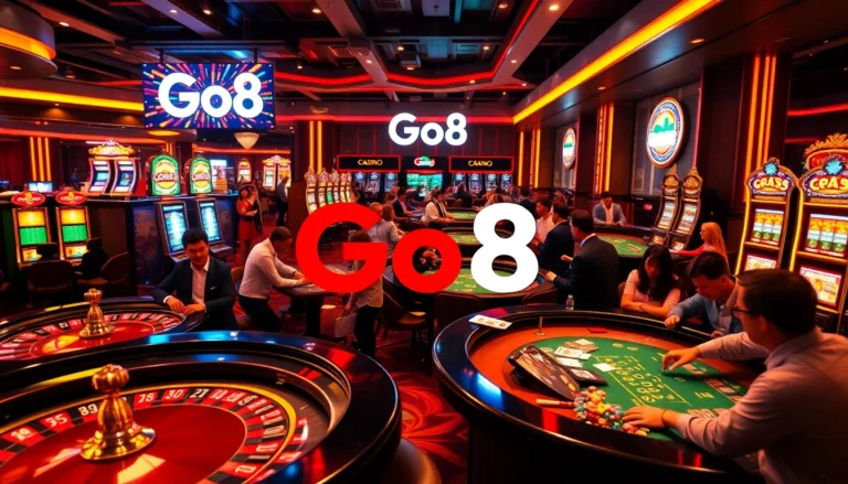 Go8 inspires an electrifying casino scene with players at lively poker tables and bright slot machines.