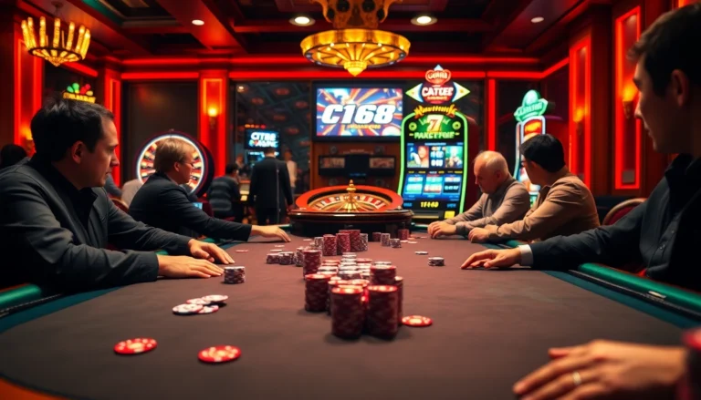 Experience the thrill of a C168 poker night with players at a vibrant casino table, colorful chips, and dynamic roulette wheel.
