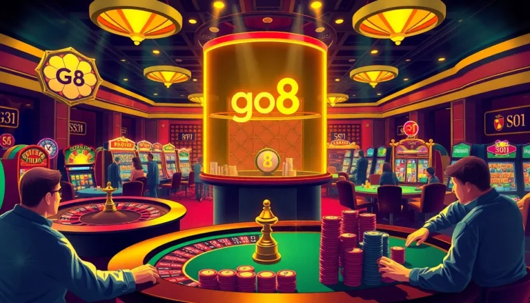 The go8 casino showcases an electric atmosphere with players at roulette and poker tables.