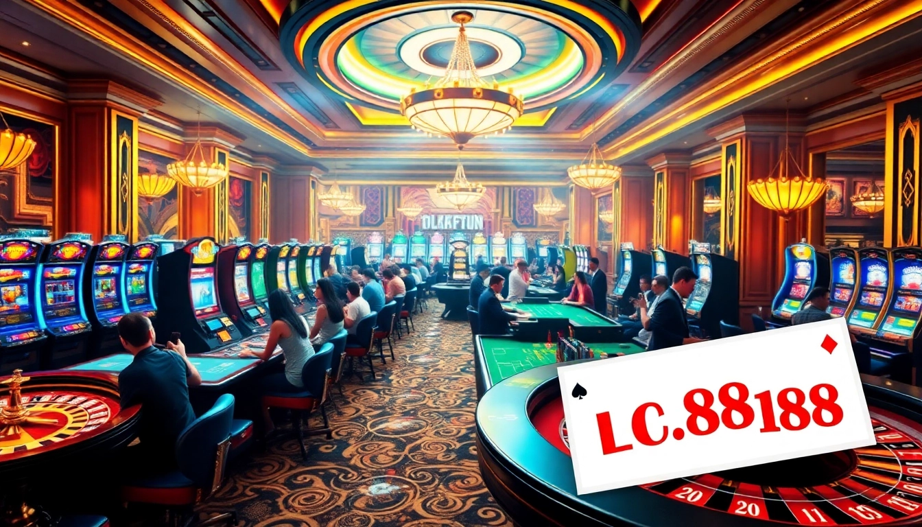 Experience the excitement of lc88 at a lively casino, featuring gamblers at roulette and craps tables with colorful slot machines.