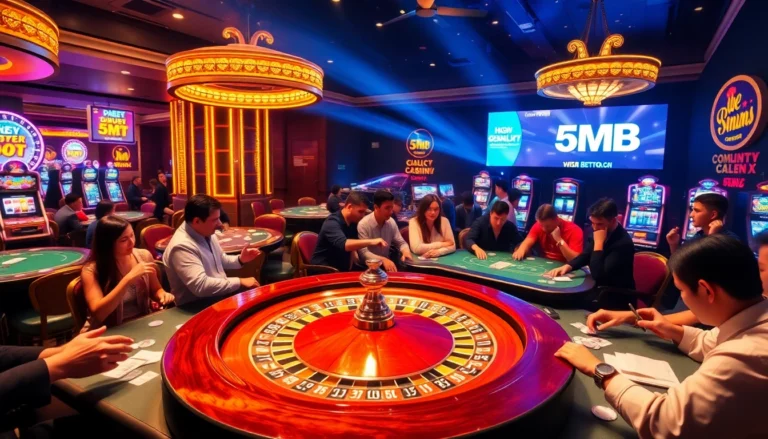 Enthusiastic players at a casino table excitedly placing bets, showcasing a vibrant atmosphere of gambling excitement, featuring a digital display advertising "5MB" bonuses.
