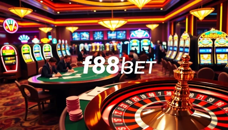 Experience the thrill of f88bet as players strategize at a glamorous poker table in a vibrant casino.