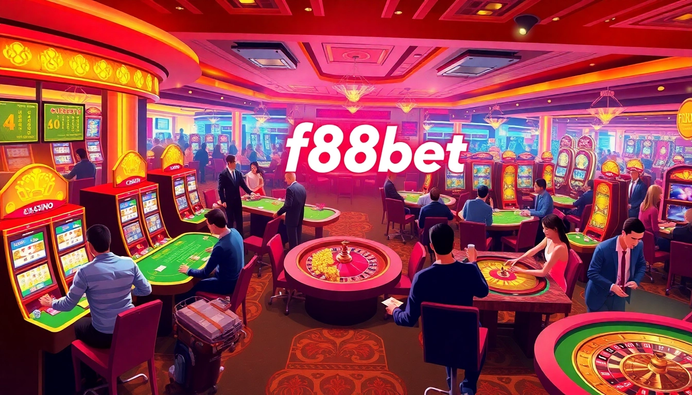 Exciting casino scene featuring players at f88bet tables celebrating their wins.