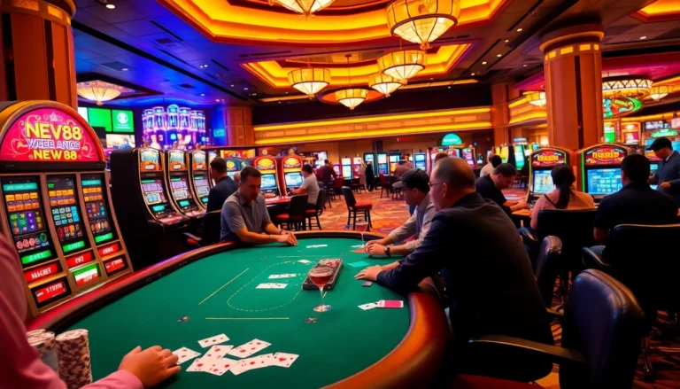 Experience the thrilling atmosphere of new88 at a lively poker table, surrounded by gleaming slot machines.