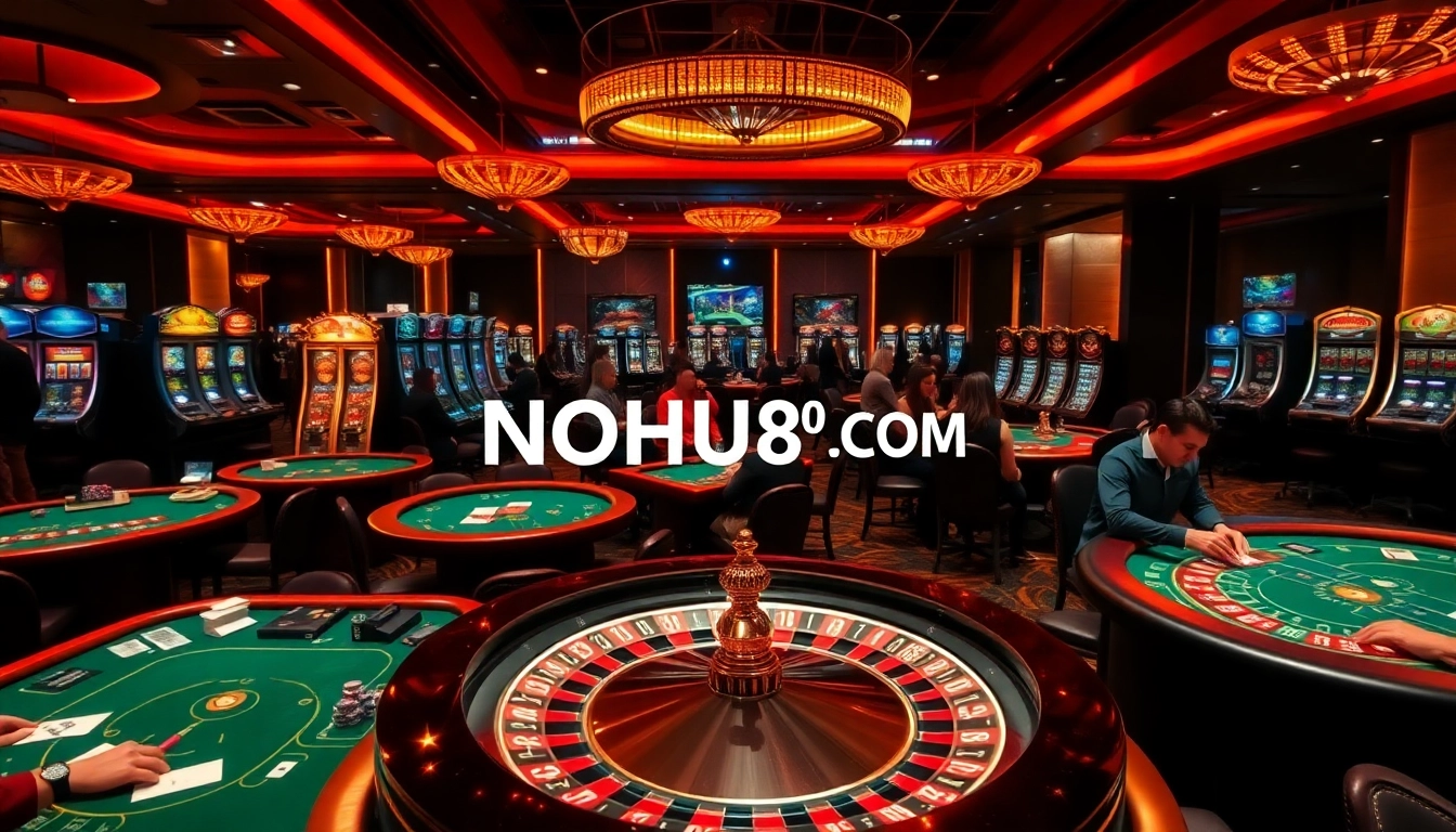 Experience the thrill of live casino gaming with NOHU90 COM as players engage around vibrant tables filled with excitement.