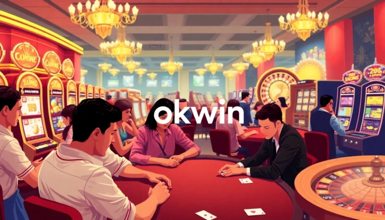 Exciting casino scene at okwin with players engaged in poker and roulette, showcasing thrill and vibrant gaming action.